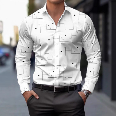 Men’s Shirt with Geometrical Pattern – Breathable Long Sleeve Style