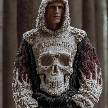 Sweater with Big Skull Hooded – Men’s Chunky Knit Ancient Flame Style