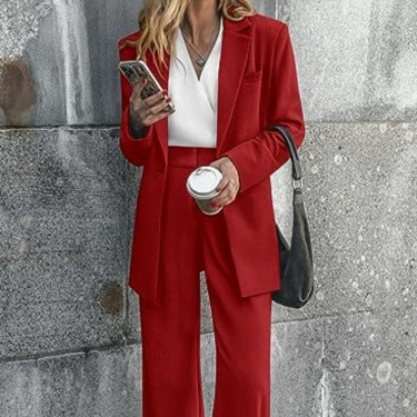 Elegant Women’s Blazer Set - Two Piece Business Suit with Wide Leg Pants