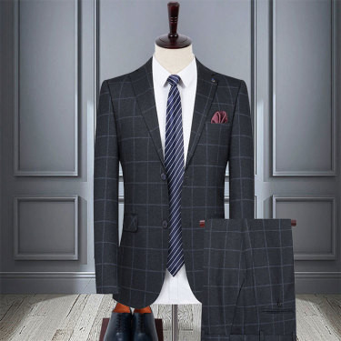 Two Piece Wool Suit for Men – Slim Fit Blue Plaid Business Style
