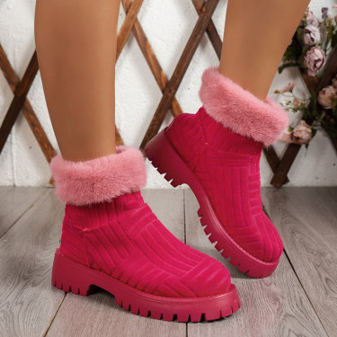 Terry Cloth Winter Boots – Women’s Cozy Ankle Boots with Faux Fur Trim