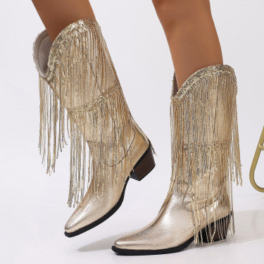 Sequin Cowgirl Dress Booties – Metallic Fringe Knee High Cowboy Boots for Women