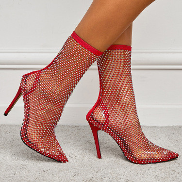 Fishnet Stiletto Booties – Women’s Rhinestone Pointed-Toe Sock Boots