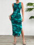 Women’s Slimming Sleeveless Dress – Elegant Print Design with Side Split - Visible Variety