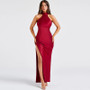 Elegant Satin Halter Dress – Sleeveless Backless Split Maxi Gown - Visible Variety