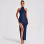 Elegant Satin Halter Dress – Sleeveless Backless Split Maxi Gown - Visible Variety
