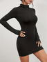 Elegant Solid Mock Neck Dress – Long Sleeve Slim Fit Style - Visible Variety