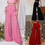 Women’s Sequined Wide Leg Trousers – Sparkly Elegant Everyday Style - Visible Variety