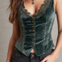 Velvet Vest with Lace Trim – Women’s Dark Green Vintage-Inspired Sleeveless Vest