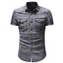 Men’s Short Sleeve Denim Shirt – Slim-Fit Casual Shirt with Pleated Shoulders