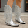 Sequin Cowgirl Dress Booties – Metallic Fringe Knee High Cowboy Boots for Women