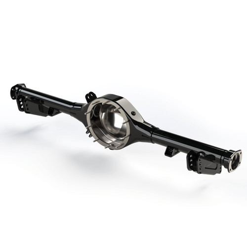 QA1 R907S OE-width 9-inch axle housing for 1988–1998 Chevy C1500 2WD with QA1 rear suspension; angled view showing the center opening and welded suspension brackets.