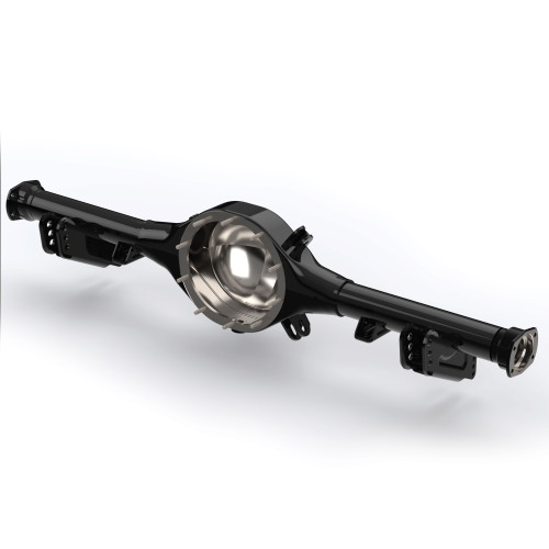 QA1 R909S OE-width 9-inch axle housing for 1965–1972 Ford F100 2WD with QA1 rear suspension; angled view of the center opening, axle tubes and mounting brackets.