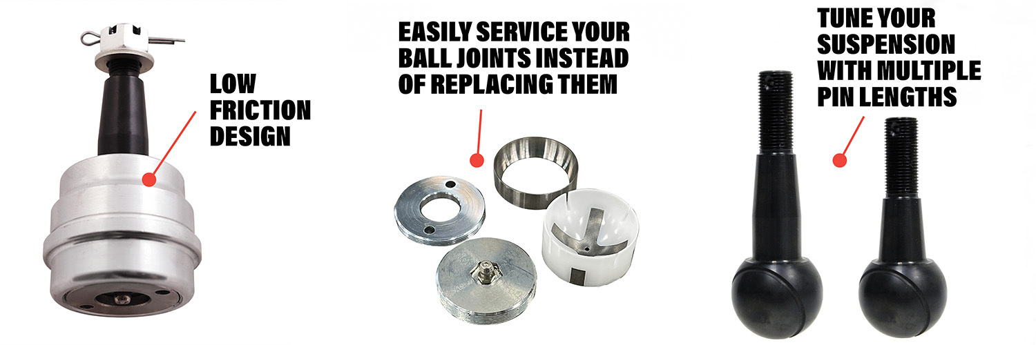 infographic of QA1 ball joints: low friction design, easily serviced, multiple pin lengths