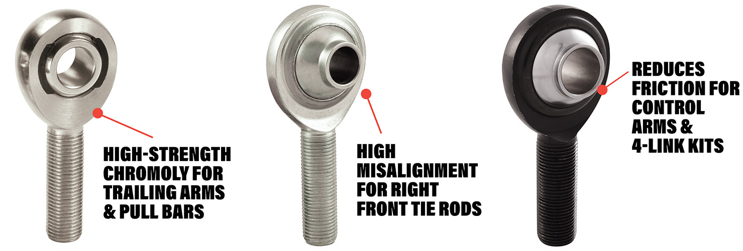 infographic of QA1 rod ends: high-strength, high misalignment, reduces friction.