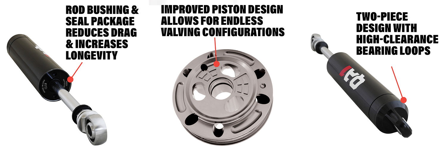 infographic of qa1 circle track shocks: increased longevity, endless valving configurations, high-clearance bearing loops