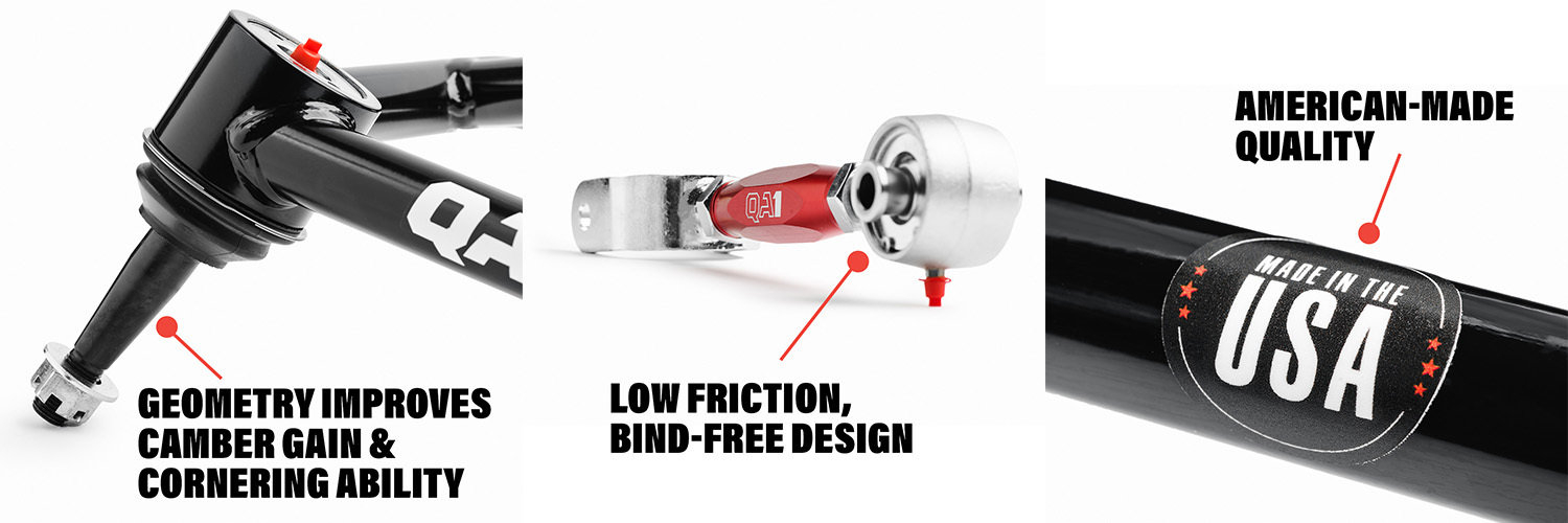 Inforgraphic showing control arm geometry improvements, low friction trailing arms, and american-made quality