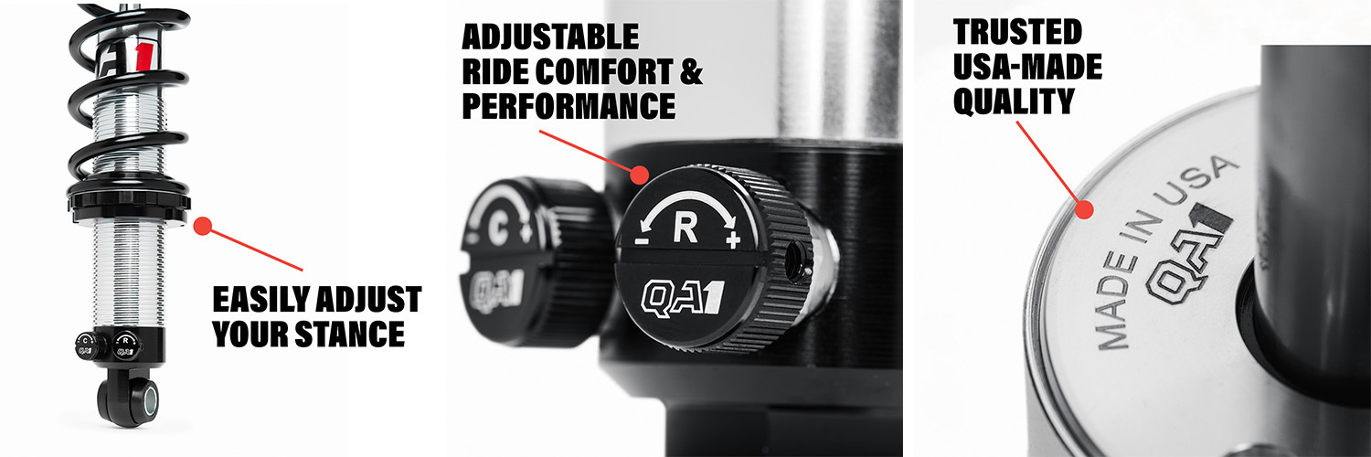 Infographic showing QA1 coilover benefits: easy adjustability, performance, and comfort; USA-made quality