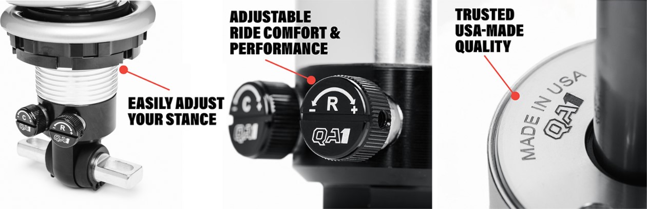 QA1 coilovers: easily adjust stance, comfort, and performance; USA-made quality