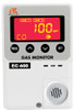 Front view of the RKI EC-600 Carbon Monoxide Detector, featuring a sleek, low-profile design. The device includes a 3-digit LED display with tri-color indicators (green, orange, red) to show gas levels and alarm status. Designed for indoor use, the EC-600 detects carbon monoxide (CO) in the range of 0-150 ppm and is equipped with a fast-responding, field-replaceable electrochemical sensor. Ideal for laboratory or commercial applications, it includes wall-mount capability and multiple power options (AC or DC).