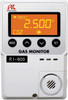 Front view of the RKI RI-600 Carbon Dioxide Detector, featuring a compact design with an LCD digital display that provides five-digit gas concentration readings. The device includes multicolored LED indicators (green, orange, red) for gas alarms and status alerts. Designed for wall mounting, the RI-600 uses Non-Dispersive Infrared (NDIR) technology to detect CO2 with high accuracy and outputs analog 4-20mA signals. Ideal for indoor applications with power options of 115 VAC or 24 VDC.