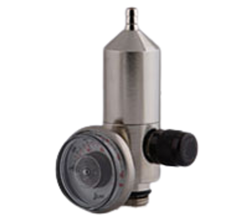 Fixed Flow Regulator for non-reactive gases with part number R-*, compatible with C-10 valve inlets. Nickel-plated brass construction with adjustable flow rates from 0.1 to 6.0 LPM and 1,200 PSIG pressure. Compatible with 20L, 34L, 58L, 103L, FX75, and FX120 calibration gas cylinders.