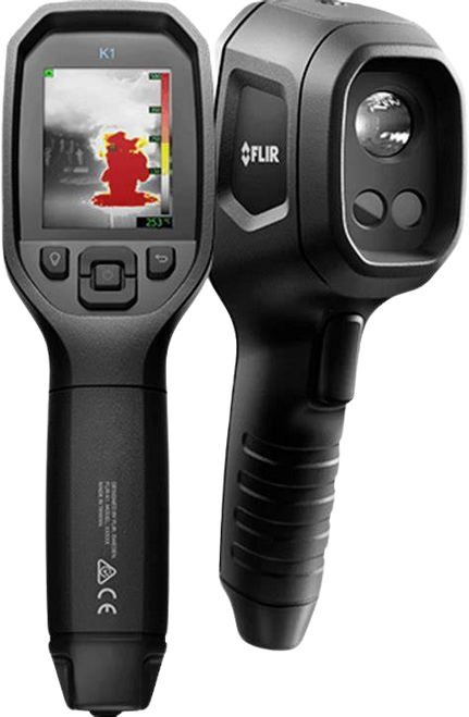 FLIR K1 thermal imaging camera showing front and side views with colorized firefighter display and built-in flashlight