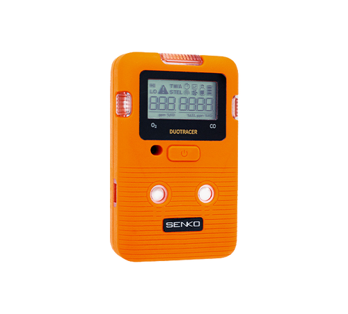 Front angled view of SENKO DUO TRACER dual gas detector with orange casing and digital LCD screen for O₂ and CO monitoring Front angled view of SENKO DUO TRACER dual gas detector with orange casing and digital LCD screen for O₂ and CO monitoring