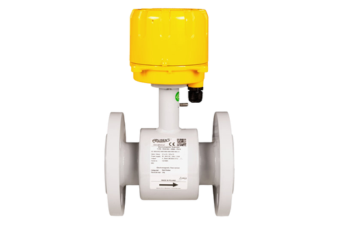 Aplisens PEM-500 electromagnetic flowmeter with compact sensor and transmitter for bidirectional measurement of conductive liquids.