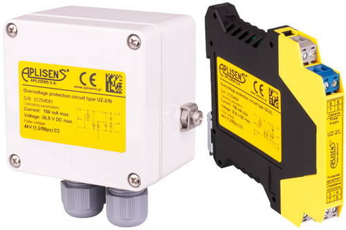 Aplisens UZ-2 overvoltage protection circuit designed to protect 4–20 mA transmitters and auxiliary devices from signal-line surges and atmospheric discharge, available in wall or DIN rail mounted versions.