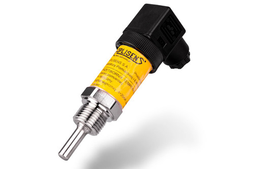 Aplisens PT-25 temperature transmitter with stainless steel housing and probe, converting RTD resistance into a 4–20 mA signal for industrial liquid and gas temperature measurement.