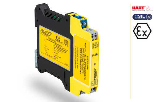 Aplisens LI-24L DIN rail-mounted smart temperature transmitter converting RTD or thermocouple inputs into a 4–20 mA HART signal with dual-channel measurement functions and safety certifications.