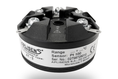 Aplisens AT-3 compact head-mounted temperature transmitter converting Pt100 RTD resistance into a 4–20 mA loop-powered signal for industrial temperature measurement.