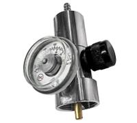 Nickel-plated brass CGA-600 fixed flow calibration gas regulator with integrated pressure gauge, designed for non-reactive calibration gases and gas detector calibration and bump testing.
