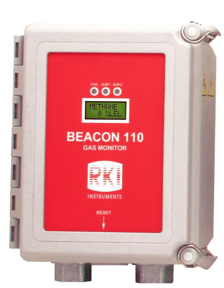 The RKI Instruments Beacon 110 Fixed Systems Controller is shown mounted on a clean, industrial background. The device features a compact rectangular housing with a durable, metallic finish and a clear digital display. The screen is illuminated, showcasing numeric readings for monitoring purposes. Below the screen, there are multiple LED indicator lights, labeled to show the device's alarm status and operational states. A set of clearly labeled buttons for controlling and configuring the unit is placed beneath the display. The controller is designed with industrial-grade connectors and terminals at the bottom for wiring. The product logo and branding are prominently displayed on the upper part of the unit, signifying its professional and reliable quality.