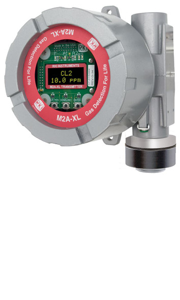 Front-facing view of the RKI M2A-XL gas detector, featuring its rugged explosion-proof housing with a digital OLED display. The display shows gas concentrations and status indicators, emphasizing its compact and durable design. The device is suitable for Class I, Div. 1 hazardous locations and integrates seamlessly with industrial monitoring systems. Ideal for monitoring toxic gases, flammables, and oxygen in industrial environments.