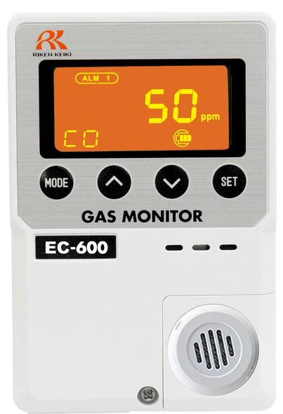 Front view of the RKI EC-600 Carbon Monoxide Detector, featuring a sleek, low-profile design. The device includes a 3-digit LED display with tri-color indicators (green, orange, red) to show gas levels and alarm status. Designed for indoor use, the EC-600 detects carbon monoxide (CO) in the range of 0-150 ppm and is equipped with a fast-responding, field-replaceable electrochemical sensor. Ideal for laboratory or commercial applications, it includes wall-mount capability and multiple power options (AC or DC).