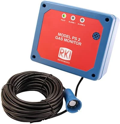 Front view of the RKI PS 2 Gas Monitor, a compact and durable device housed in an ABS plastic enclosure. Features include three indicator lights (Pilot, Alarm 1, Alarm 2) and an internal 85 dB audible alarm. The monitor comes with a 30-foot extension cable for its Metal Oxide Semiconductor (MOS) sensor, enabling long-lasting and low-maintenance detection of LEL or PPM levels of flammable and solvent vapors. Designed for wall mounting, it is ideal for battery rooms, degreasers, and general industrial applications.