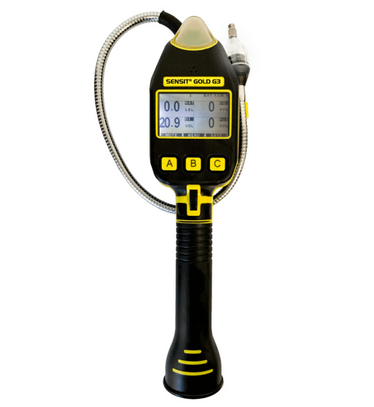 The SENSIT® GOLD G3 multi-gas leak detector featuring advanced sensor technology, a durable rubberized housing, and a 2.7” TFT LCD display. Certified with IP64 for water and dust protection, it detects up to 5 gases, including oxygen, carbon monoxide, hydrogen sulfide, and hydrogen cyanide. Perfect for gas leak surveys, emissions testing, and confined space monitoring. Includes features like Bluetooth connectivity, data logging, and compatibility with SMART-CAL 360 for automated calibration.