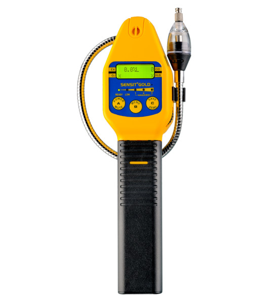 The SENSIT® GOLD gas leak detector features a durable, ergonomic design with a bright yellow casing for high visibility. Its intuitive interface includes a clear LCD screen displaying gas concentration levels, complemented by tactile buttons for easy operation. The device is equipped with a flexible metal probe, allowing users to access hard-to-reach areas during inspections. This combination of thoughtful design elements ensures both functionality and user-friendliness in various field conditions.