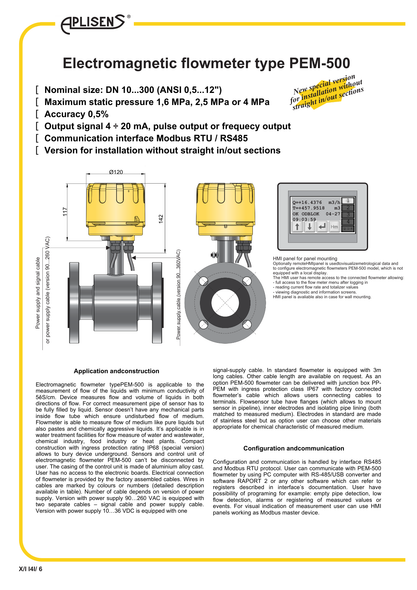 Aplisens PEM-500 electromagnetic flowmeter specification sheet showing product overview, applications, and key features.