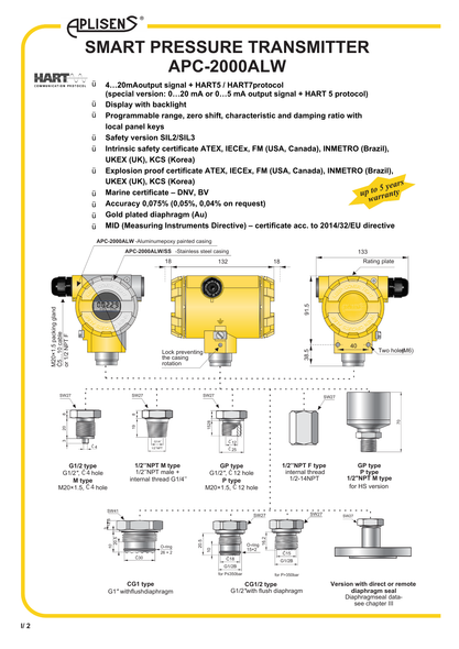 Aplisens APC-2000ALW smart pressure transmitter specification sheet showing product overview and measurement capabilities.