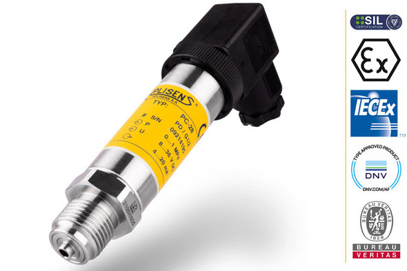 Aplisens PCE-28 industrial pressure transmitter with stainless steel housing for gauge and absolute pressure measurement.