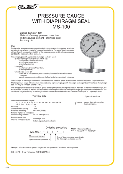 Aplisens MS-100 pressure gauge datasheet showing diaphragm seal configuration, measuring ranges, materials, and accuracy class.