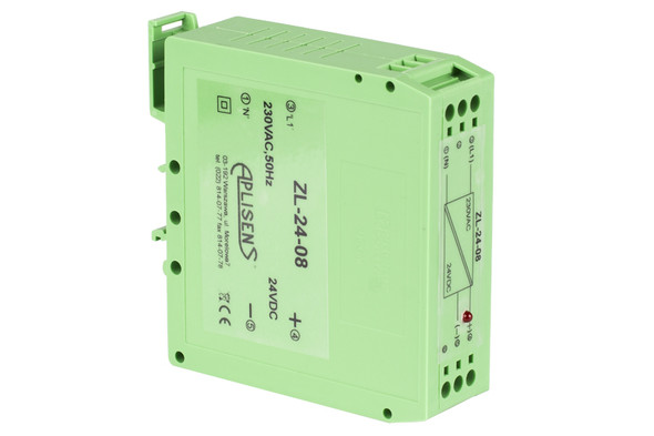 Aplisens ZL-24-08 DIN rail mounted power supply providing 24 VDC output at up to 0.8A, designed for industrial control panels and automation systems.