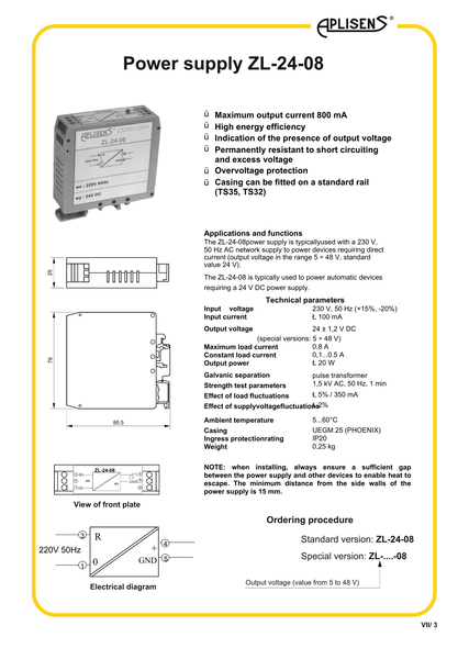 Overview of the Aplisens ZL-24-08 DIN rail power supply showing model identification, standard 24 VDC output, and industrial mounting design.