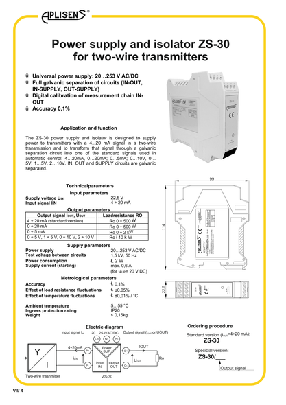 Aplisens ZS-30 power supply and isolator specifications and wiring diagram.