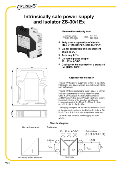Aplisens ZS-30/1Ex intrinsically safe signal isolator specifications and wiring diagram