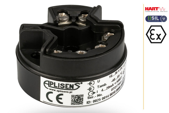 Aplisens LI-24G smart temperature transmitter converting RTD or thermocouple sensor inputs into a stable 4–20 mA HART signal for industrial temperature measurement.