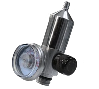 Stainless steel C-10 fixed flow calibration gas regulator with integrated pressure gauge, designed for reactive calibration gases and gas detector calibration and bump testing.